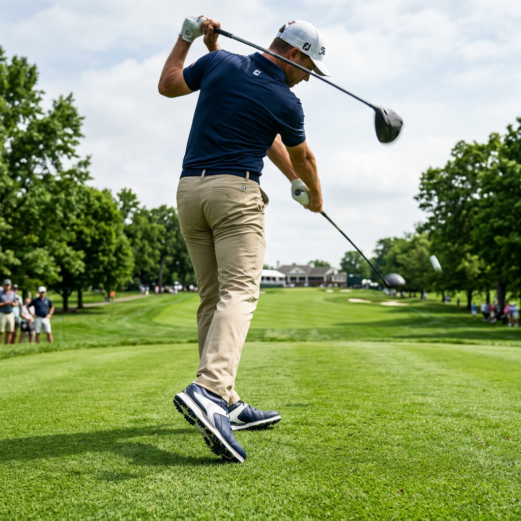 A golfer in the middle of a powerful drive, focusing on the flex and stability of their footwear on a lush green fairway.