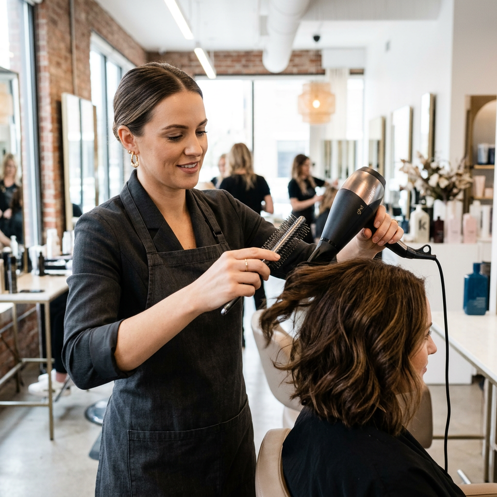 A professional hairstylist in a modern, brightly lit salon, wearing elegant but practical earrings and a low-profile ring while expertly styling a client's hair. The focus is on the intersection of professional tools and subtle, stylish accessories.