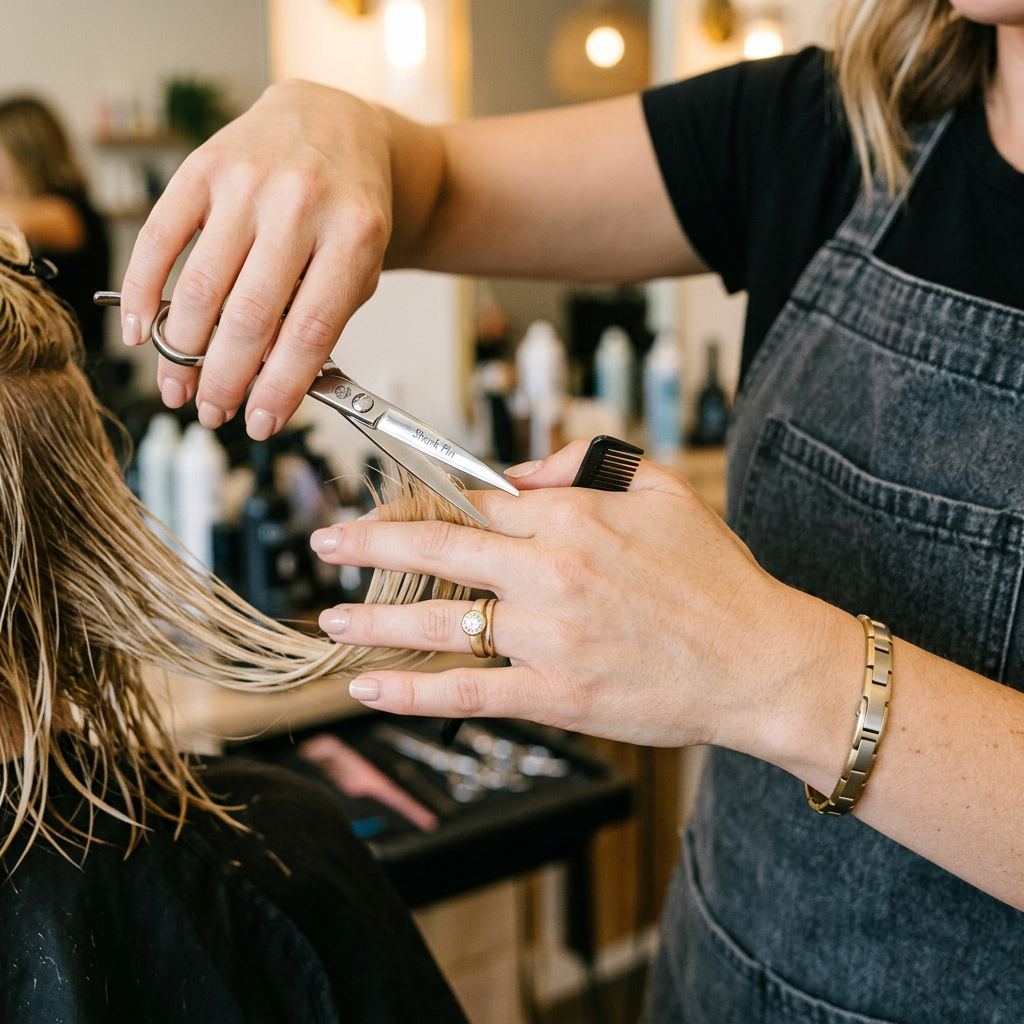 A close-up of a hairstylist's hands holding professional shears, featuring a low-profile bezel-set ring and a durable, sleek bracelet that does not interfere with wrist movement.