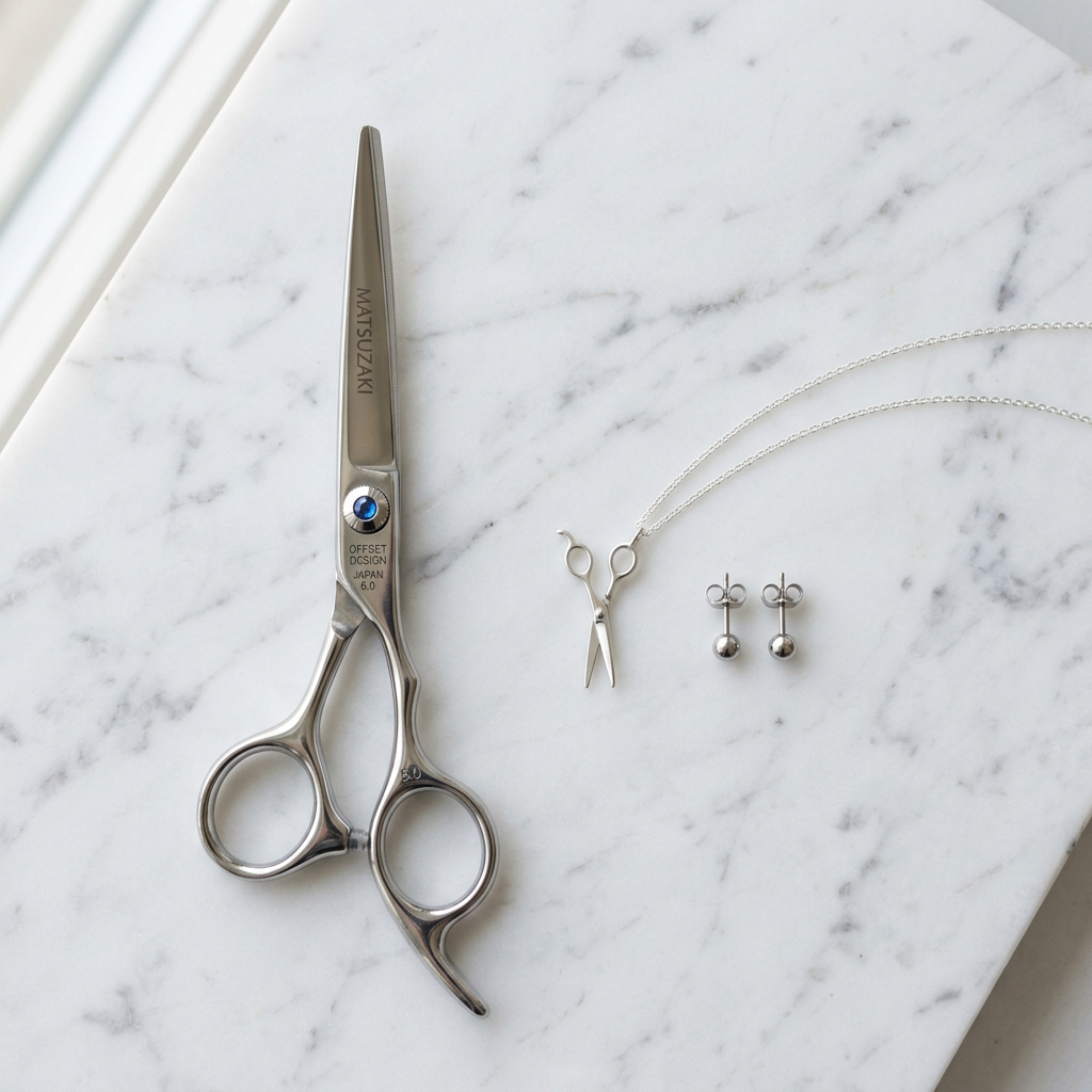 A flat lay of professional hairdressing accessories: a pair of high-end silver shears next to a minimalist scissor-shaped pendant and surgical steel stud earrings on a marble surface.