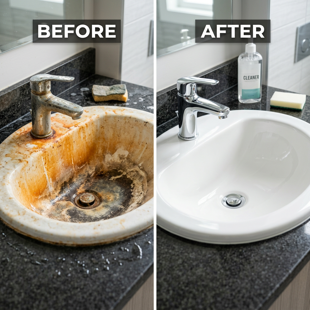 A split screen showing a stained, orange porcelain sink on one side and a sparkling clean, white sink on the other, high-quality photography, home improvement style