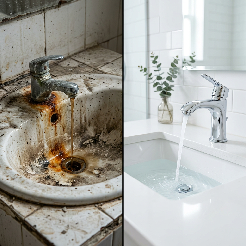 A split-screen comparison showing a rusted, stained bathroom sink on the left and a sparkling clean, modern sink with crystal clear water on the right, high-quality photography, 8k resolution