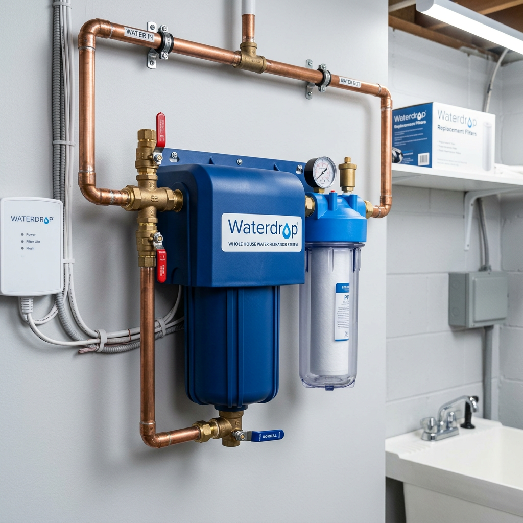 Close-up of a sleek, blue Waterdrop whole house water filter installed in a modern, clean utility room, professional lighting