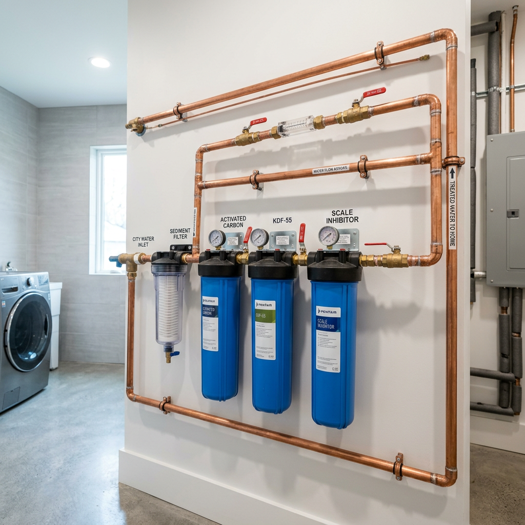 Close-up of a professional whole house water filtration system installed in a clean, modern utility room with copper piping