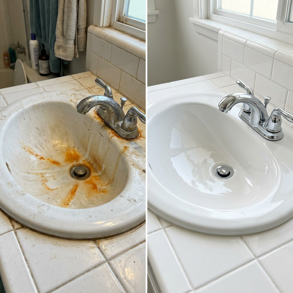 A side-by-side comparison showing a white sink with orange rust stains vs a perfectly clean, sparkling white porcelain sink.
