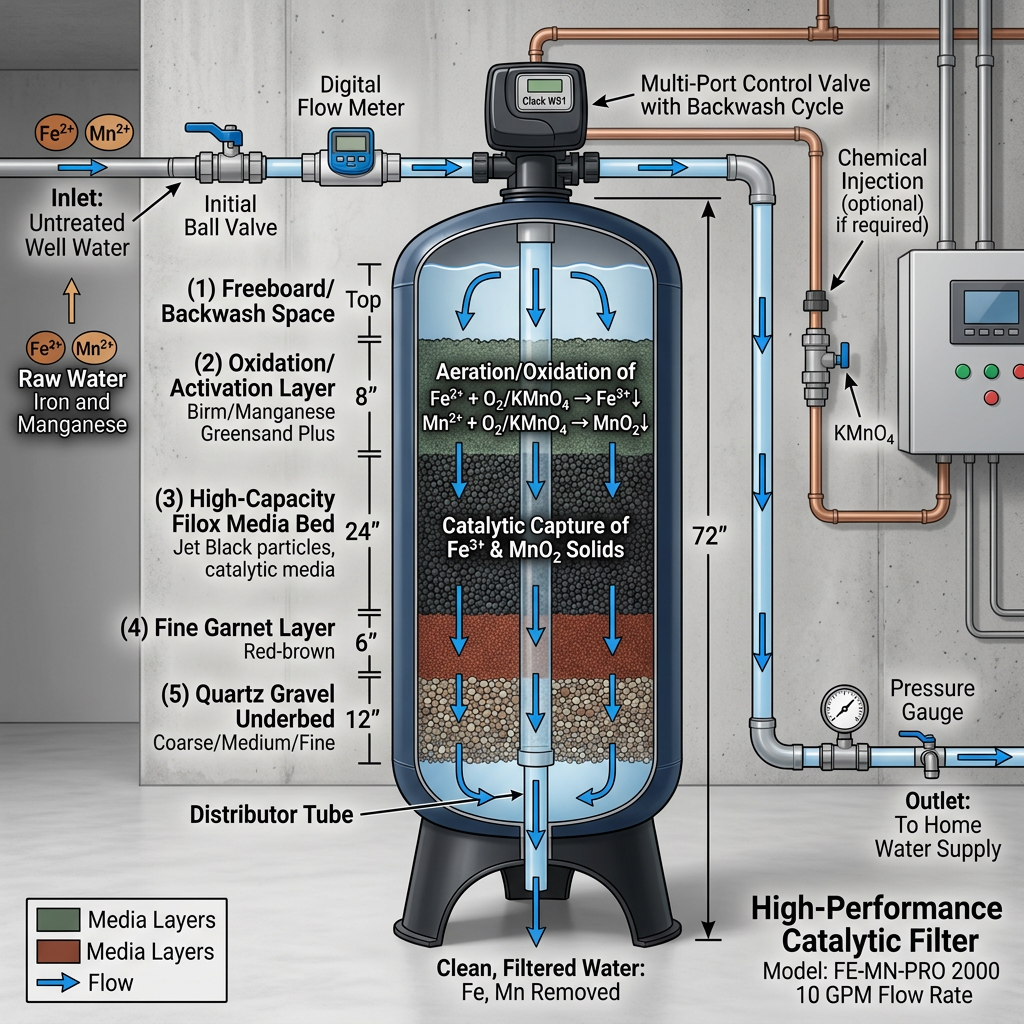 Diagram showing the multi-stage filtration process of a high-end iron and manganese water filter.