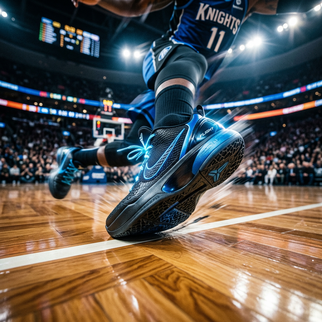 A cinematic close-up of a sleek, modern basketball shoe hitting a polished hardwood court, motion blur suggesting high speed and explosive movement, dramatic stadium lighting.