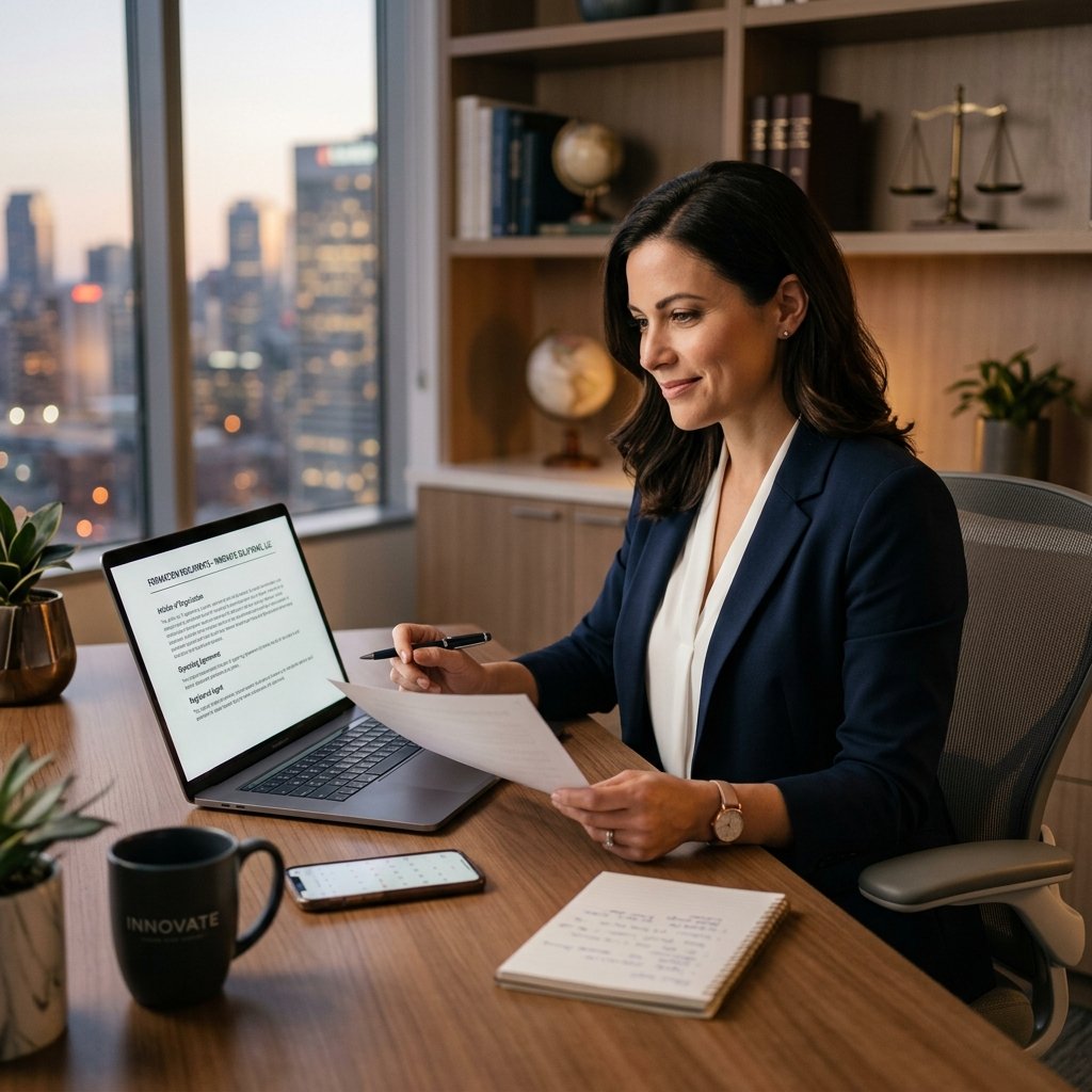 A professional entrepreneur sitting at a clean, modern desk, confidently reviewing business formation documents on a laptop with a subtle legal scale icon in the background, high-quality, cinematic lighting.