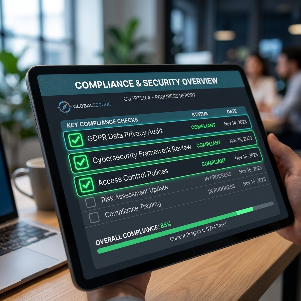 A close-up of a digital dashboard showing business compliance checkboxes turning green, representing security and progress, clean UI design, professional aesthetic.