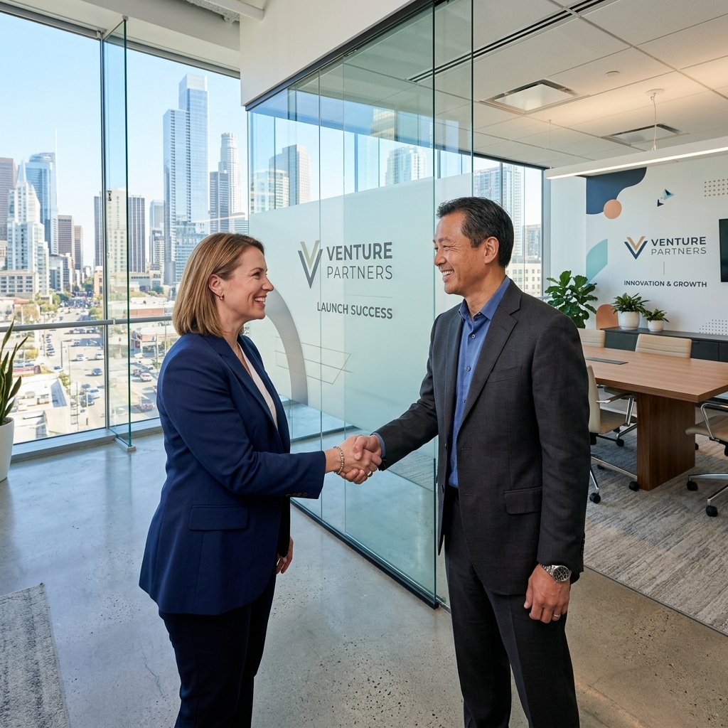 A wide shot of a successful business owner shaking hands with a partner in a bright, glass-walled office, symbolizing the successful launch of a new venture, professional and inspiring.