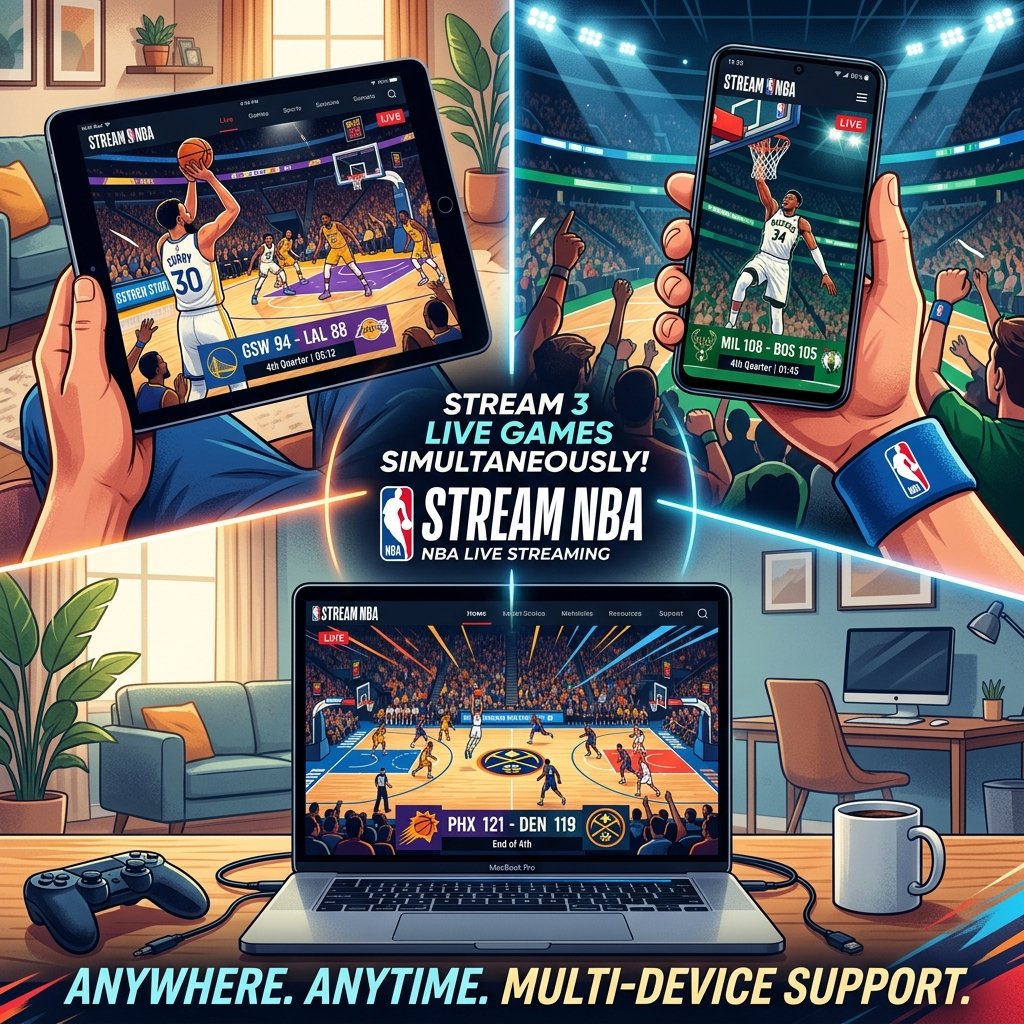 A split-screen illustration showing a tablet, a smartphone, and a laptop, each displaying different live NBA games simultaneously, highlighting the multi-device capabilities of the streaming service.