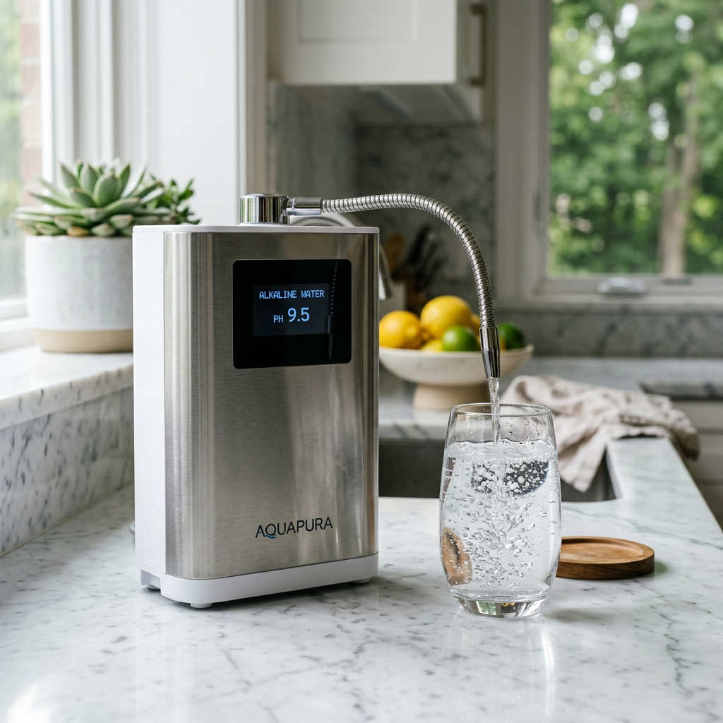 A sleek, modern portable water ionizer machine sitting on a clean marble countertop next to a glass of bubbling water, high-end lifestyle photography, natural lighting
