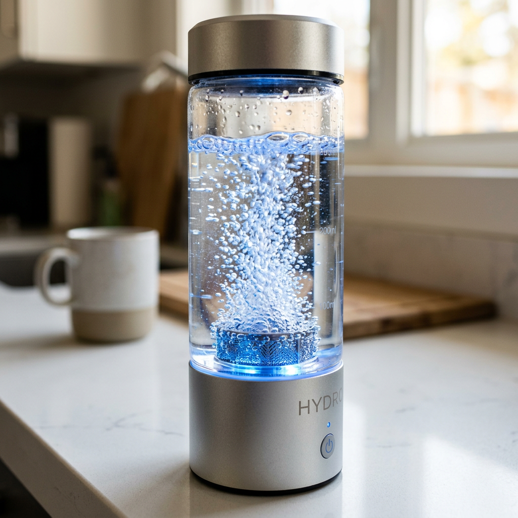 A close-up of a sleek, modern portable water ionizer machine showing the blue LED light and hydrogen bubbles forming in the water inside a clear glass chamber.