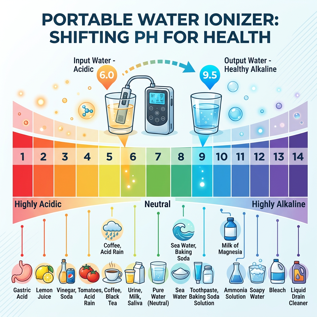 An infographic-style image showing the pH scale from 1 to 14, highlighting how a portable water ionizer machine shifts water from acidic 6.0 to a healthy alkaline 9.5.