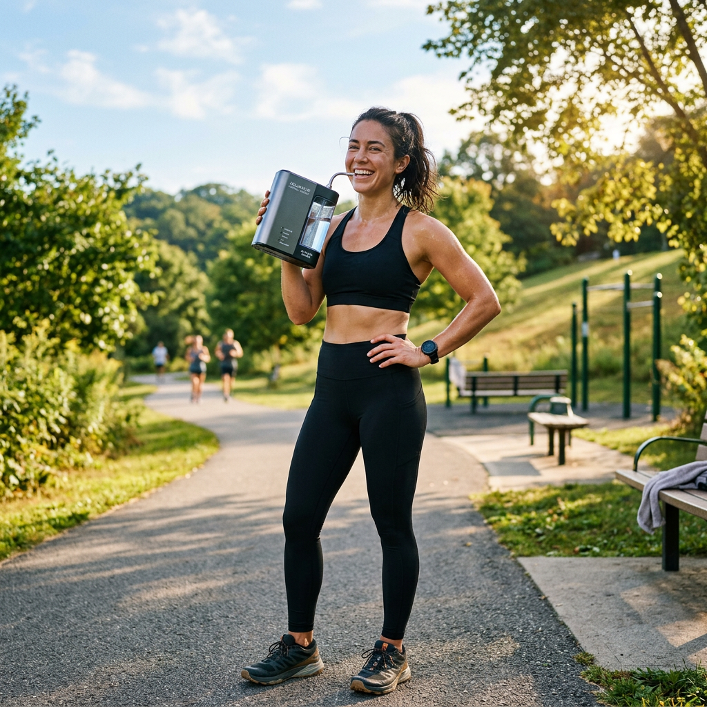 A person in gym attire holding a sleek portable water ionizer machine during an outdoor workout session on a sunny day, looking refreshed.