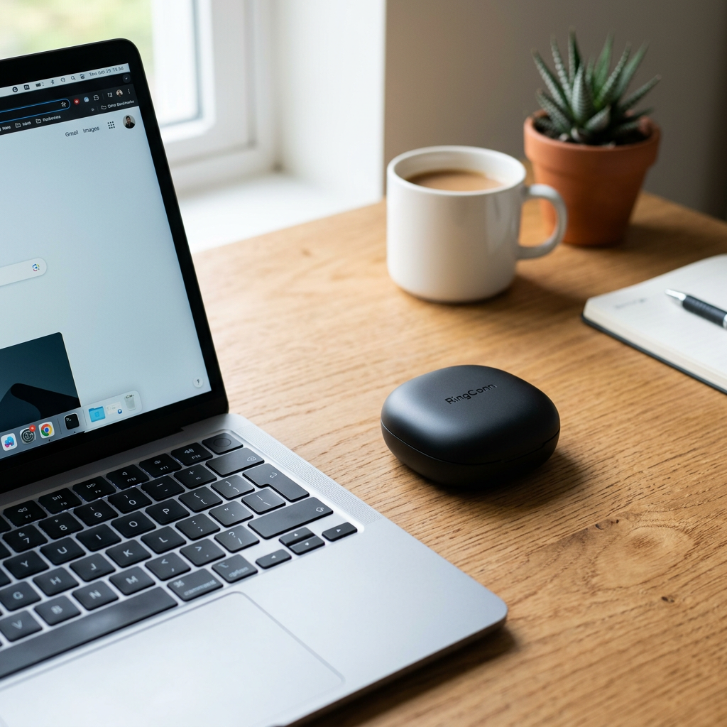 A minimalist lifestyle shot of the RingConn portable charging case sitting on a wooden desk next to a high-end laptop, showing the sleek, pebble-like design of the case.