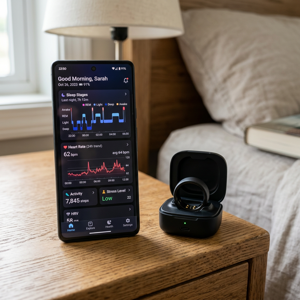 A high-tech dashboard on a smartphone screen showing detailed health metrics like sleep stages and heart rate graphs, next to a RingConn ring sitting on its charging case.