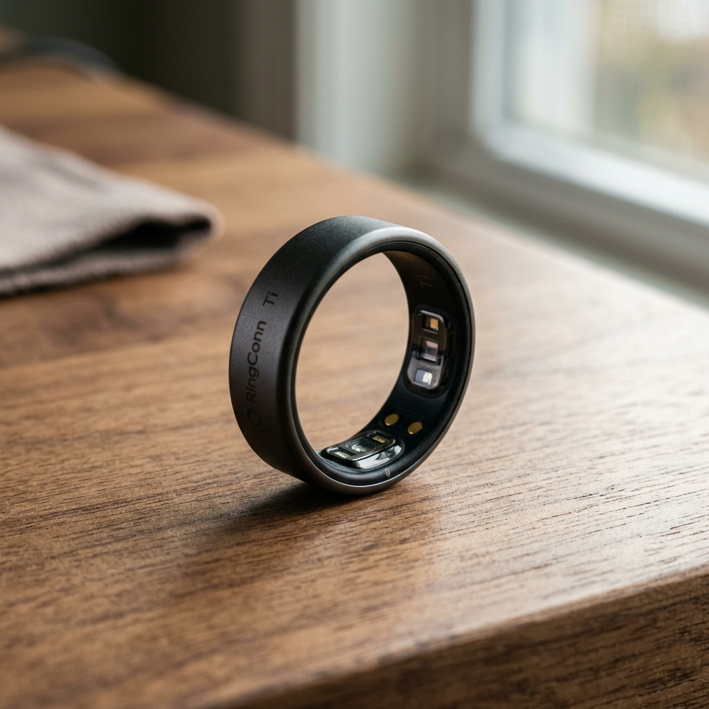 A cinematic close-up of a sleek, matte black RingConn Gen 1 smart ring resting on a minimalist wooden surface, soft natural lighting highlighting the premium titanium texture and internal sensors.