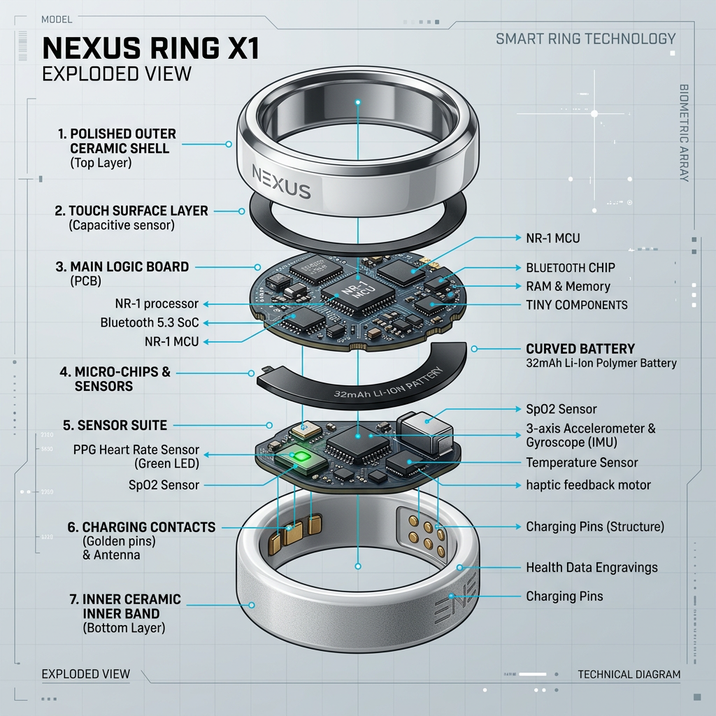 An exploded view diagram of a high-tech smart ring showing internal sensors, micro-chips, and a curved battery, presented in a clean, professional tech-style aesthetic.