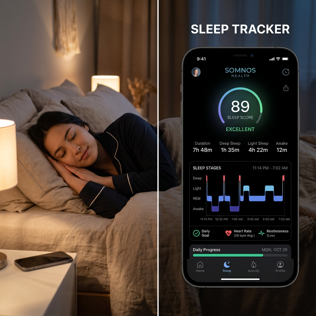 A split screen showing a person sleeping peacefully on one side and a high-tech mobile app interface showing health metrics and sleep scores on the other.
