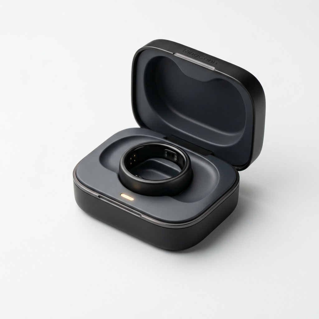 High-tech product shot of the RingConn Gen 2 inside its sleek, minimalist charging case, with a soft LED glow indicating the charging status, clean white background.