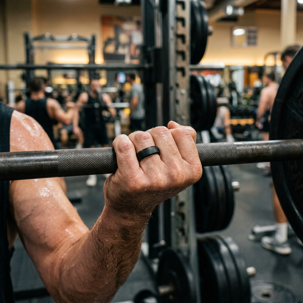 An active lifestyle shot of a hand wearing the RingConn Gen 2 while gripping a barbell, sweat visible, showing the ring's durability and sleek fit in a gym environment.