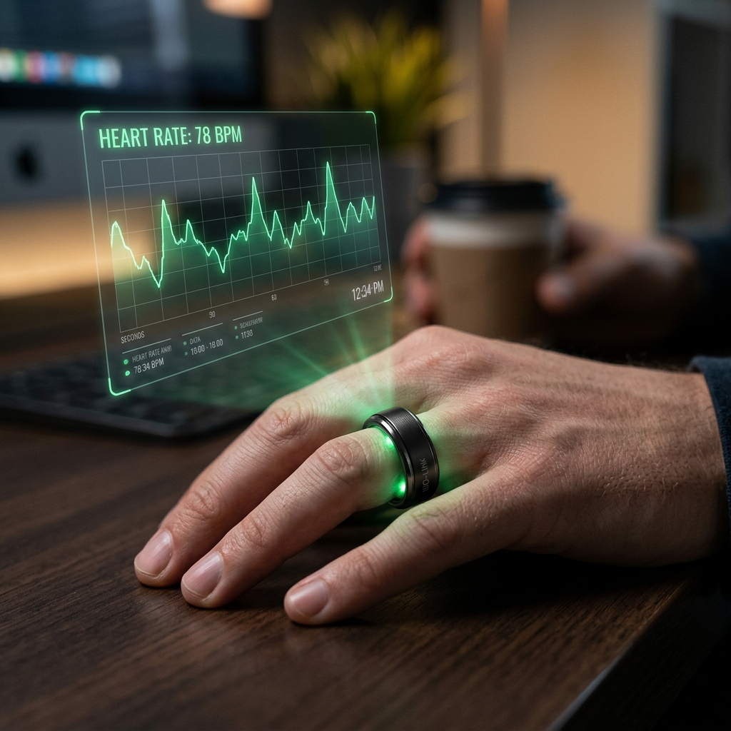 A high-tech visualization of a smart ring emitting a subtle green glow from internal sensors, showing a digital overlay of a heart rate graph.