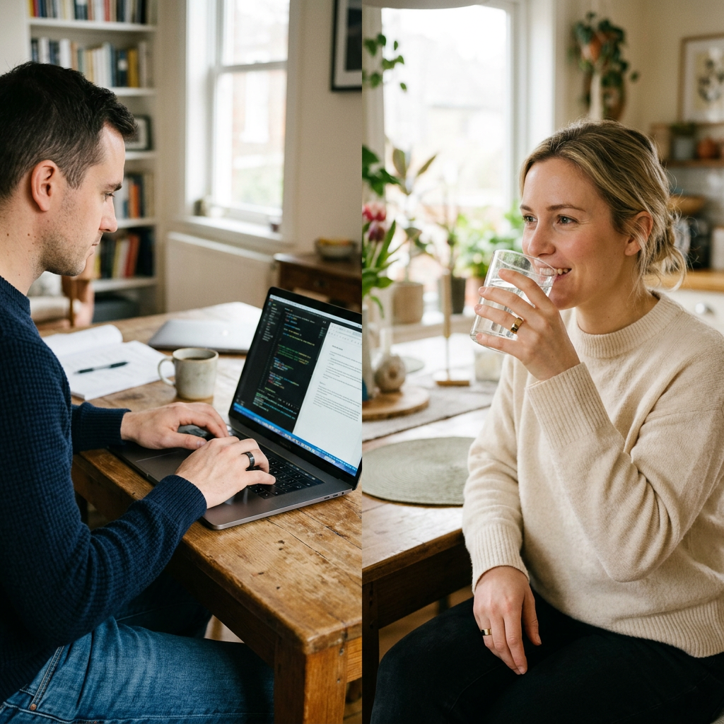 A side-by-side lifestyle shot of a man and a woman wearing smart rings while engaged in different activities—one typing on a laptop, the other lifting a glass of water.