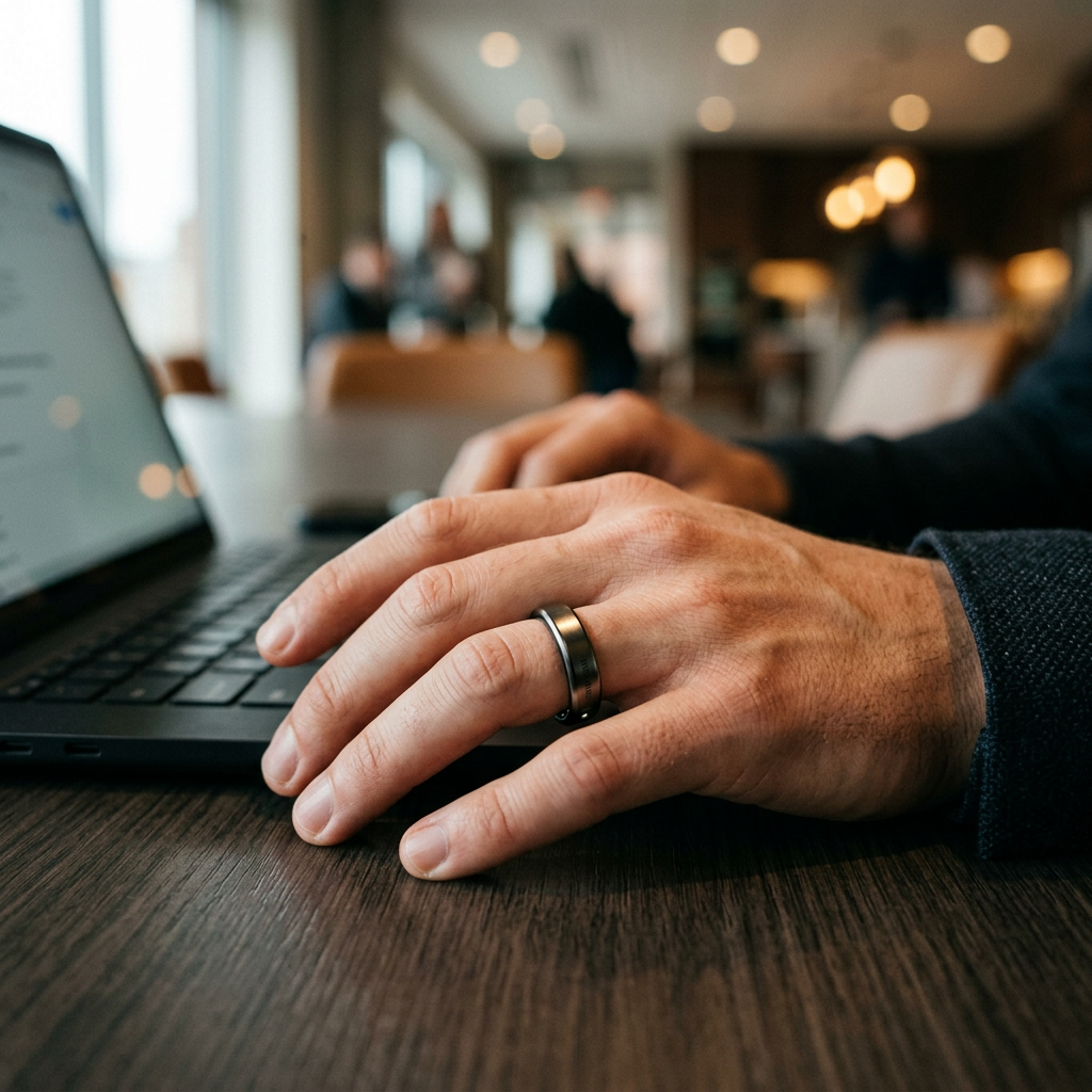 A cinematic close-up of a sleek RingConn smart ring on a professional's finger, reflecting soft ambient light, highlighting its premium metallic finish and slim profile.