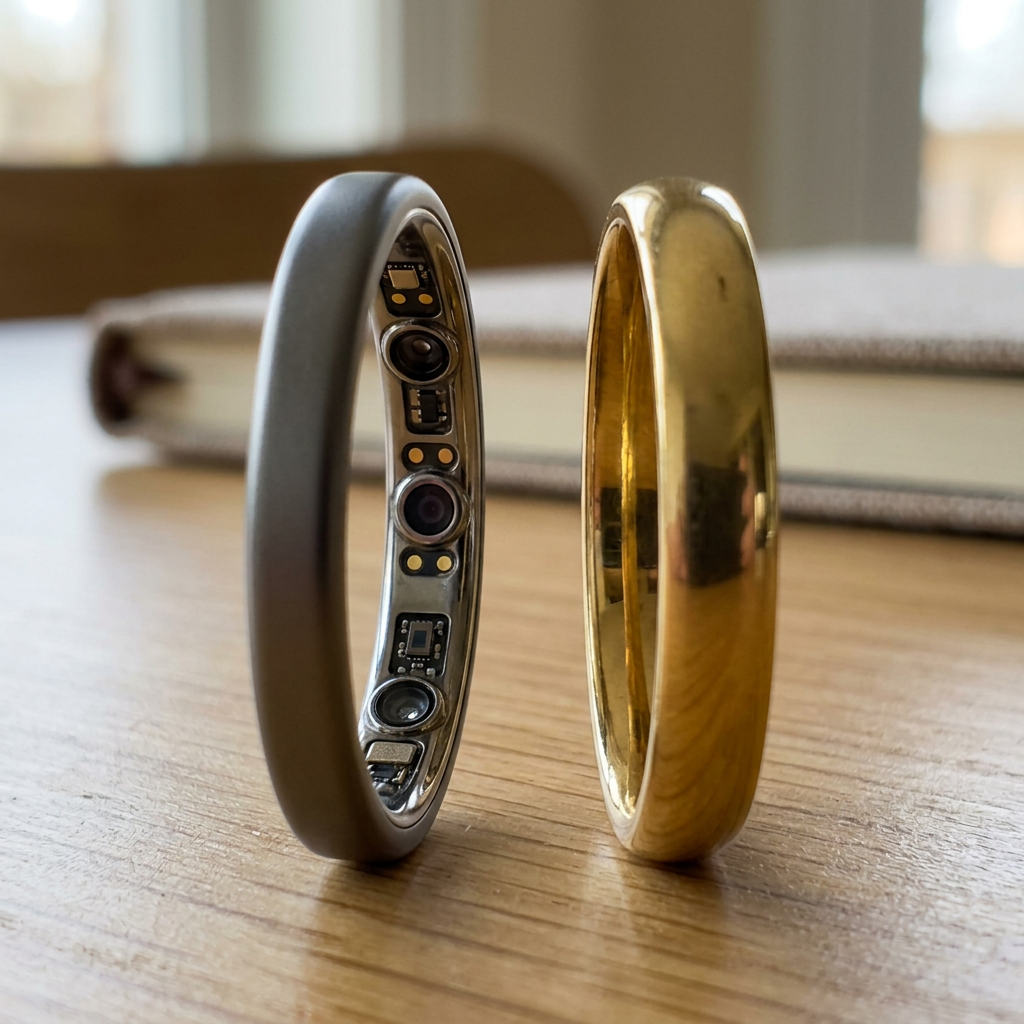 Side-by-side comparison shot showing the ultra-thin profile of the RingConn Gen 2 next to a standard wedding band, emphasize the high-tech sensors on the inner band.