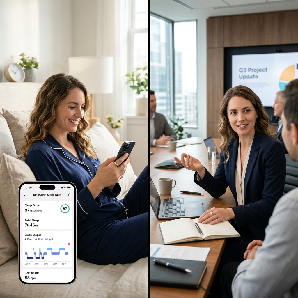 A split-screen image showing a person waking up refreshed looking at their sleep data on a smartphone, and the same person in a business meeting, looking professional with the RingConn ring clearly visible.