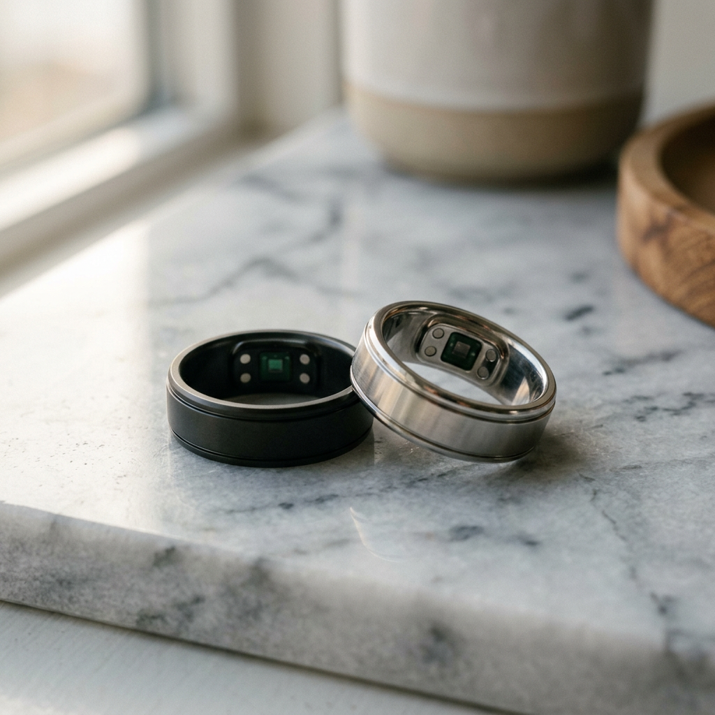 A high-end, cinematic close-up of two sleek smart rings resting on a minimalist marble surface, soft morning light highlighting their metallic textures and internal sensors.