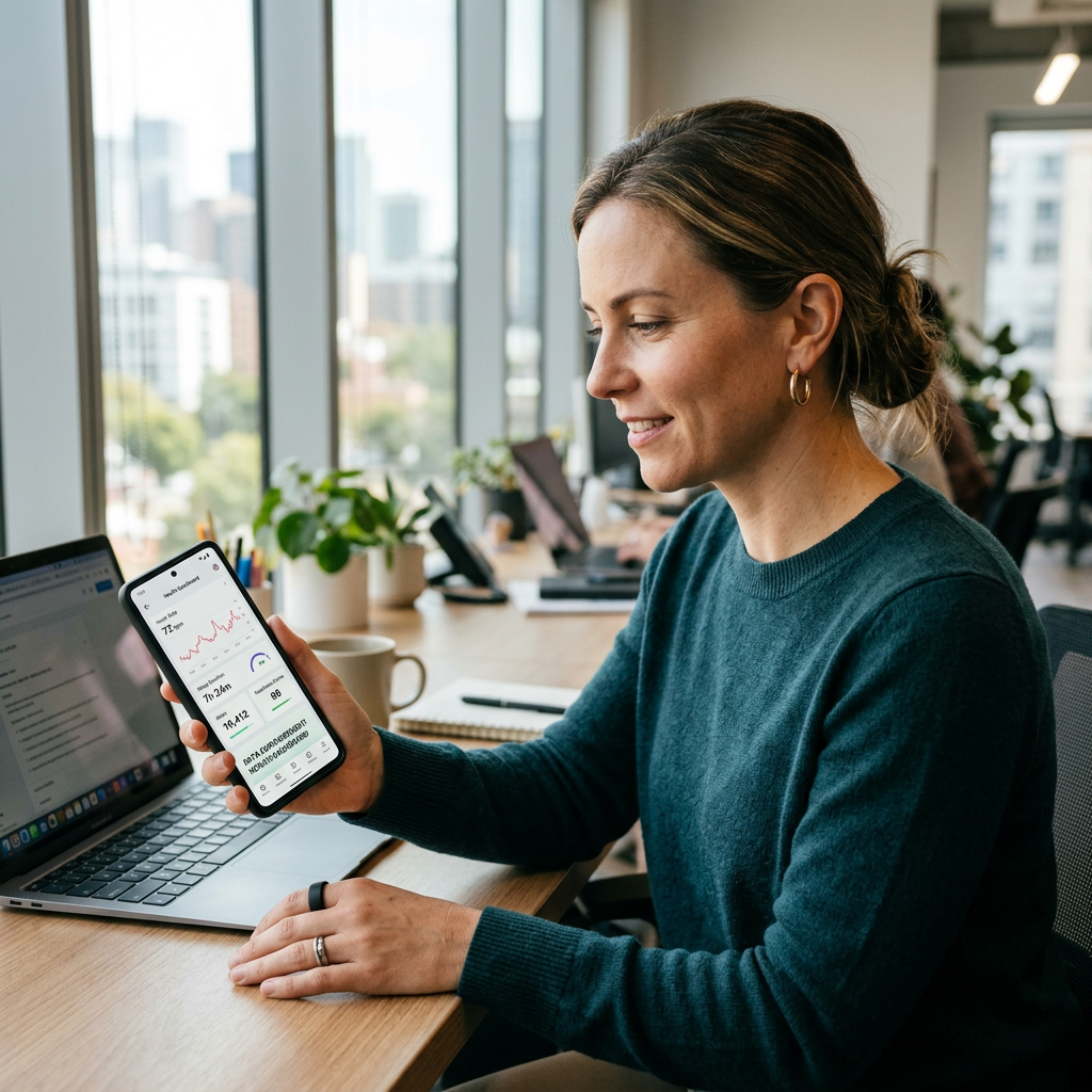 A lifestyle shot of a professional looking at their health data on a smartphone, with the RingConn Gen 2 visible on their finger, symbolizing data empowerment.