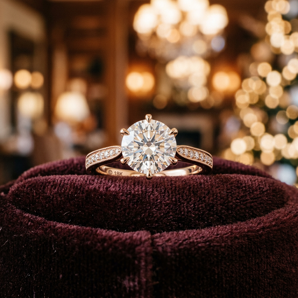 A luxurious, close-up shot of a high-quality rose gold ring with a diamond setting, resting on a velvet cushion with soft, warm bokeh lighting.