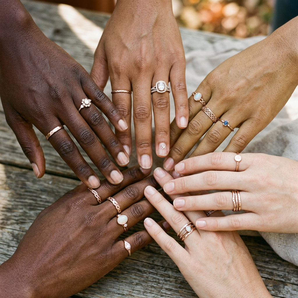 A diverse range of hands with different skin tones, all wearing various styles of rose gold rings to demonstrate the metal's universal appeal.