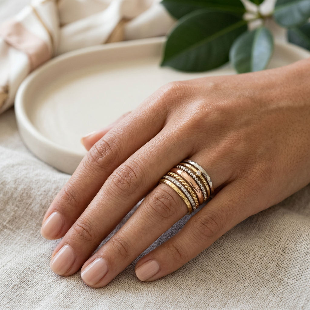A chic, minimalist aesthetic showing a hand with multiple stacked rings of different gold colors, highlighting how rose gold bridges the gap between white and yellow gold.