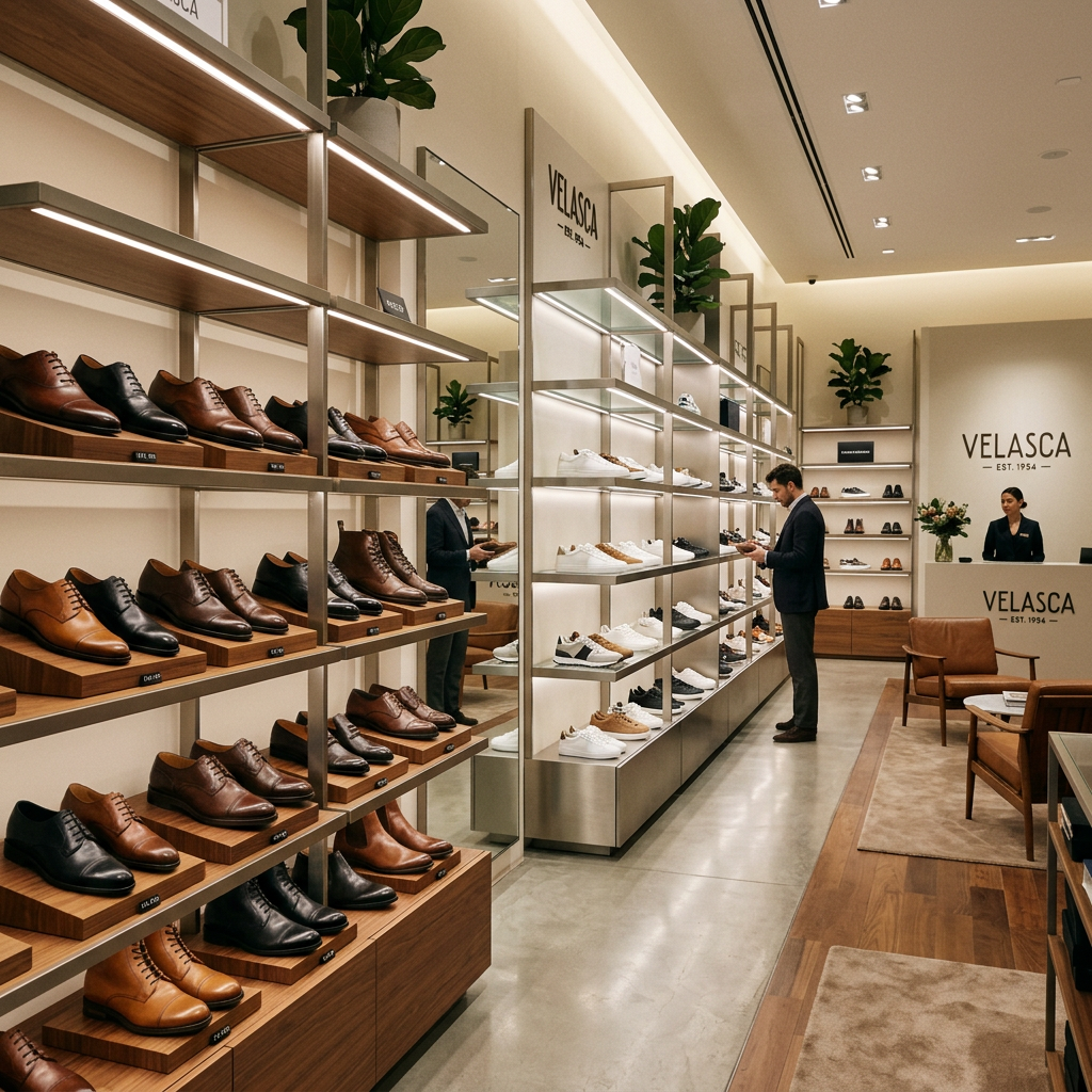 A sophisticated, high-end shoe department with organized rows of premium leather shoes and modern sneakers, soft ambient lighting, and a clean minimalist aesthetic.