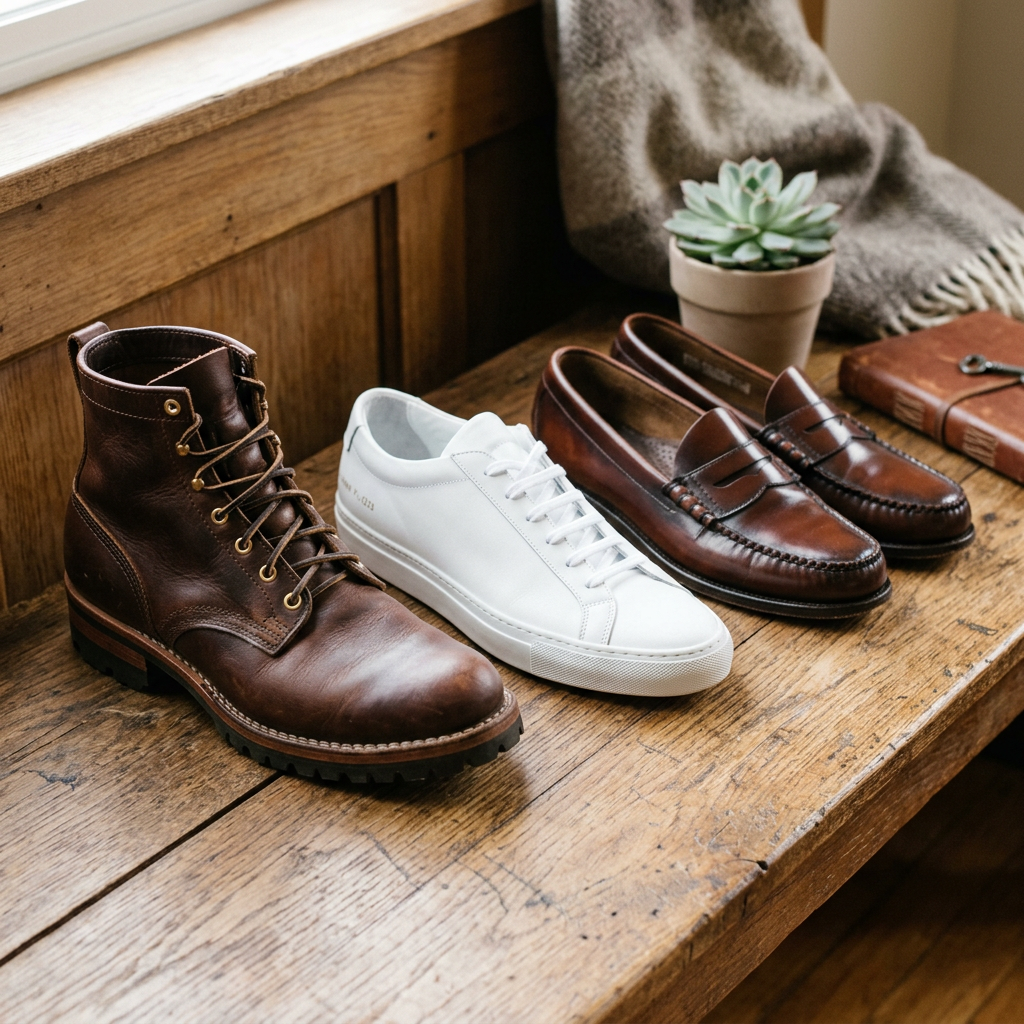 A collection of well-maintained, high-quality shoes including a leather boot, a clean white sneaker, and a classic loafer, arranged artistically on a wooden surface.