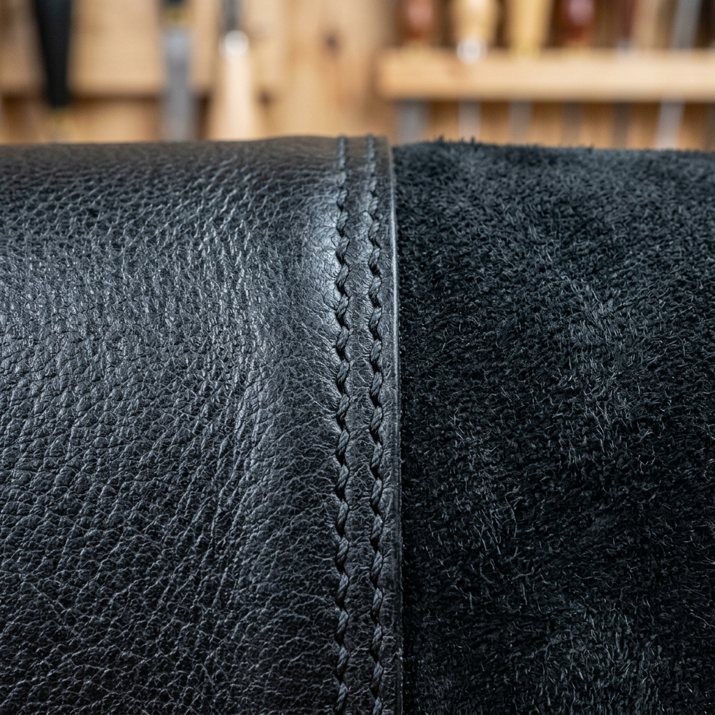 A detailed macro shot showing the texture of premium full-grain black leather vs. black suede, highlighting the craftsmanship and stitching.