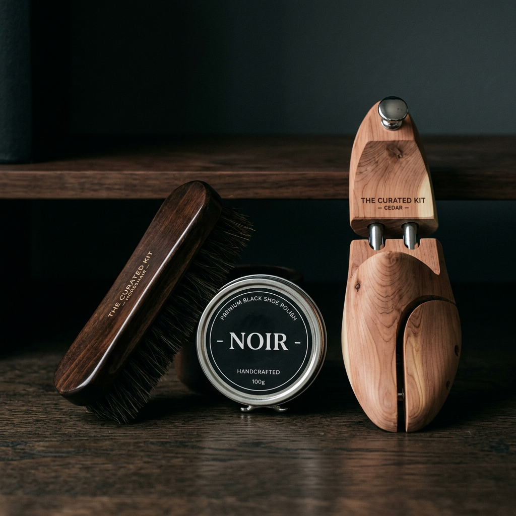 An elegant shoe care kit with black polish, a horsehair brush, and a cedar shoe tree, set against a dark, minimalist background.