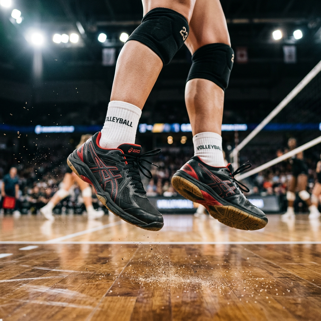 Cinematic close-up of a professional volleyball player's feet mid-jump on a polished wooden court, dynamic lighting, high-speed photography capturing dust particles and the texture of the shoe material