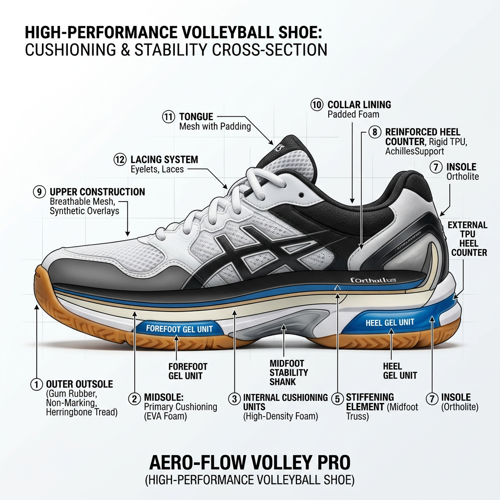 A technical cross-section diagram of a high-performance volleyball shoe showing the internal cushioning layers and the reinforced heel counter, professional studio lighting