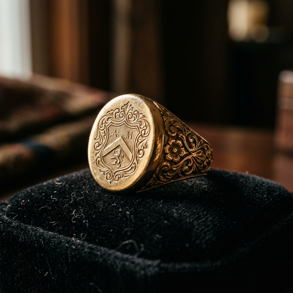 A close-up, cinematic shot of a handcrafted gold signet ring resting on a dark velvet cushion, soft dramatic lighting highlighting the polished surface and intricate side details.