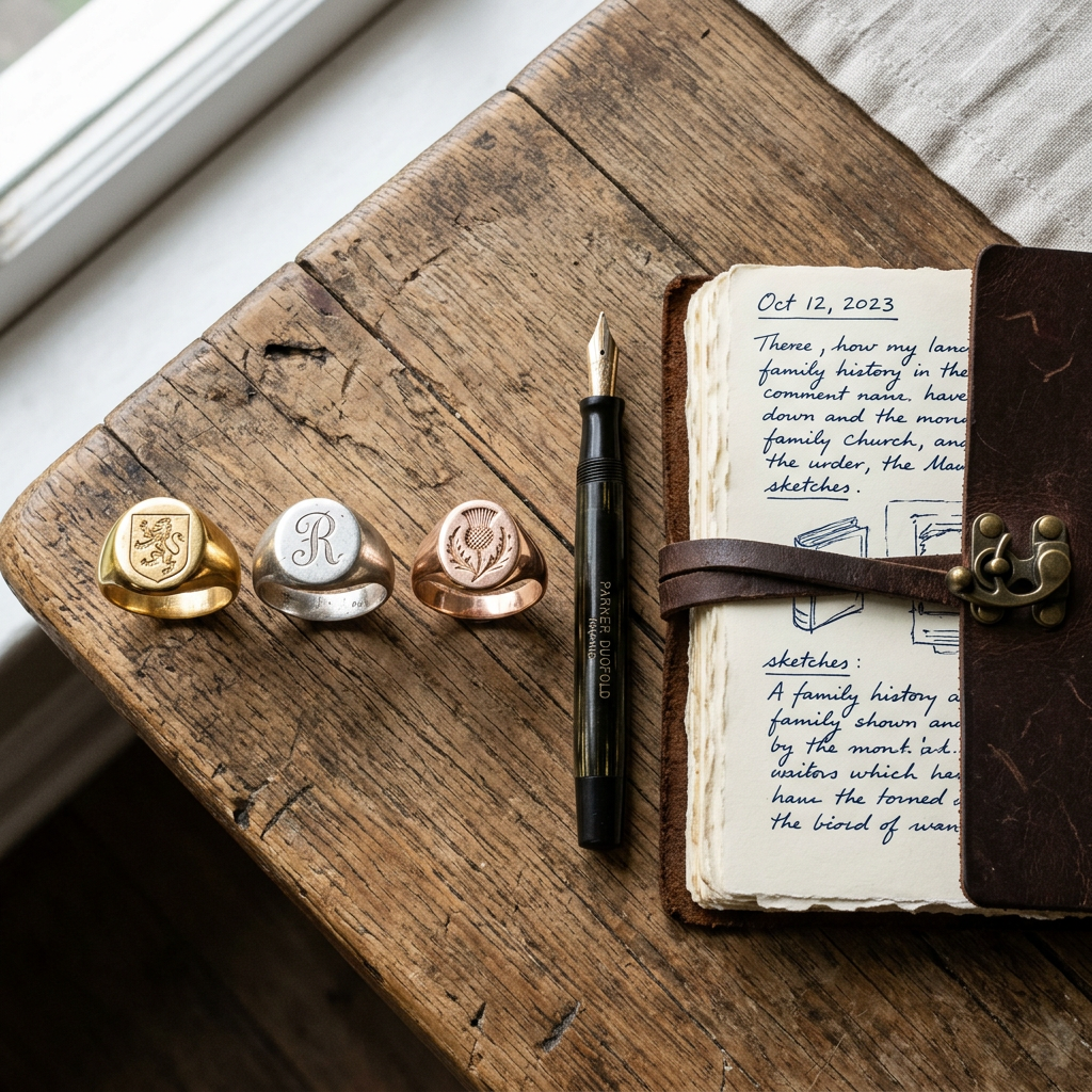 A top-down view of three different signet rings—gold, silver, and rose gold—laid out on a rustic wooden desk next to a vintage fountain pen and leather journal.