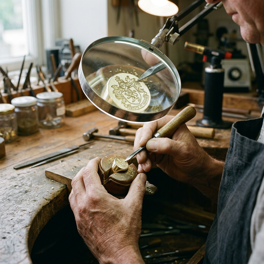 An artisan's hands using a traditional burin tool to meticulously engrave a crest into a gold signet ring under a magnifying glass.