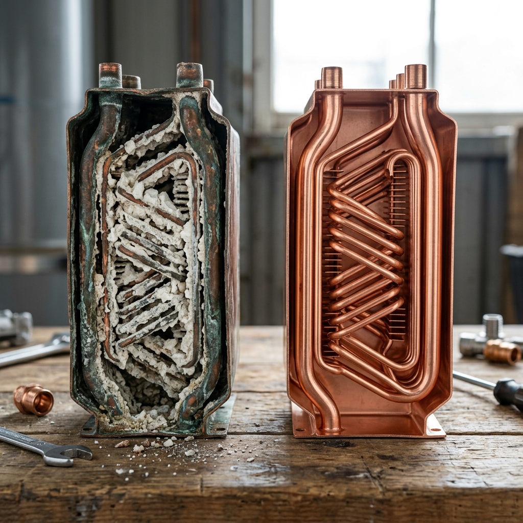 A cross-section of a corroded tankless water heater heat exchanger filled with white calcium scale buildup compared to a clean, brand new copper heat exchanger, high-quality photography, 8k resolution