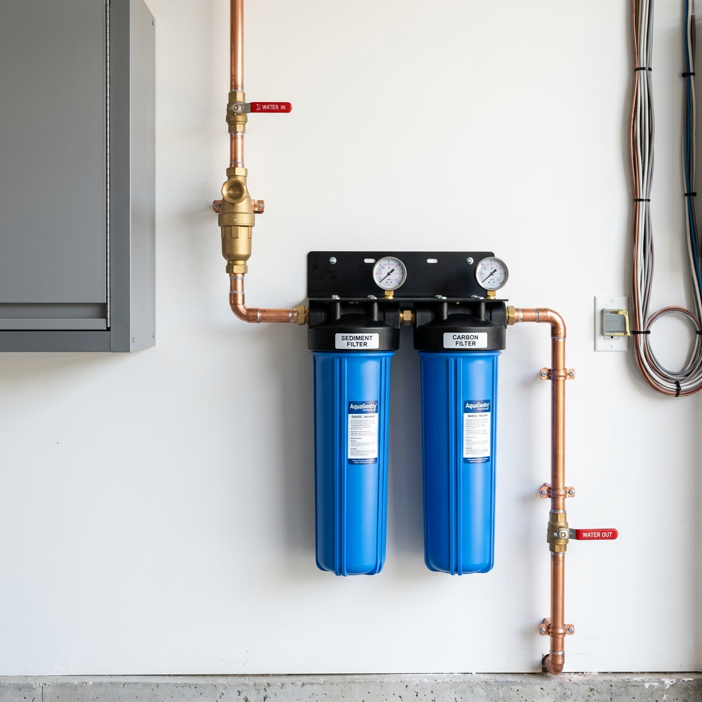 Close-up of a sleek blue double-canister whole house water filtration system installed on a clean white garage wall with professional copper piping, bright and modern aesthetic
