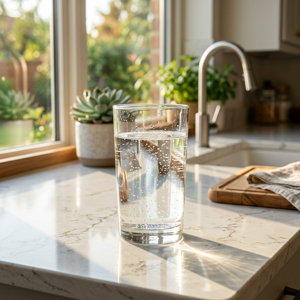 A crystal-clear glass of water sitting on a modern kitchen counter, sunlight reflecting through the water, looking incredibly refreshing and pure, 8k resolution, cinematic lighting.