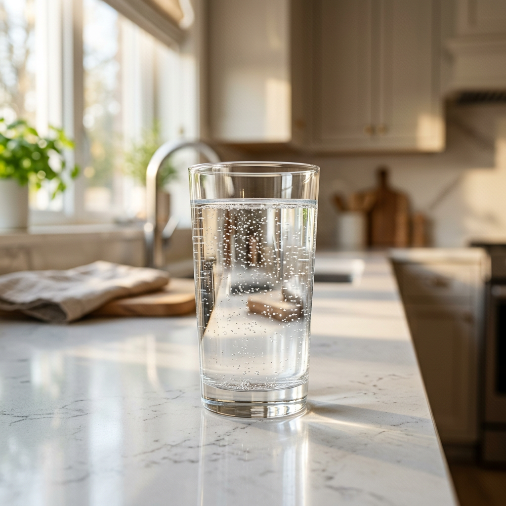 A crystal clear glass of water sitting on a modern kitchen counter with soft morning sunlight hitting it, emphasizing purity and cleanliness, 8k resolution, cinematic style.
