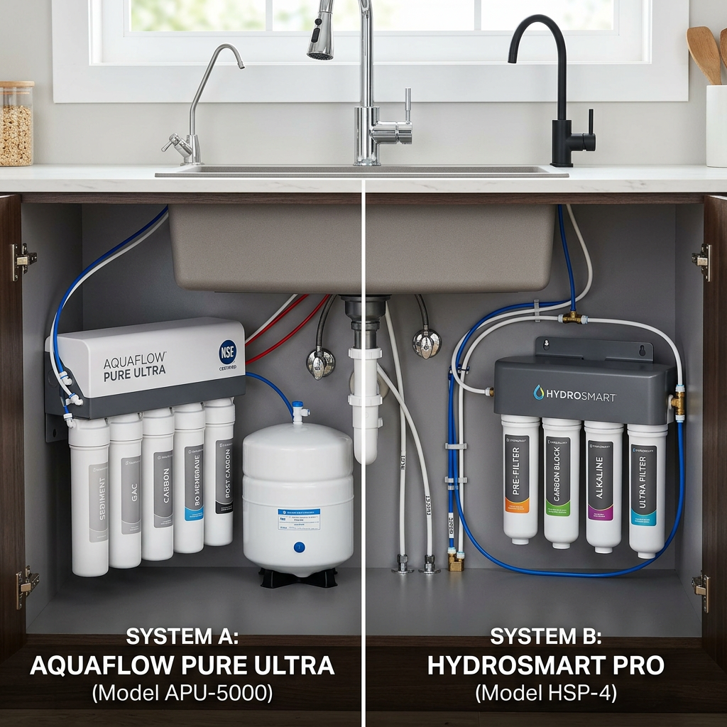 Side-by-side comparison of two sleek under-sink water filtration systems, modern design, professional installation look, clean lines, white and charcoal gray color palette.